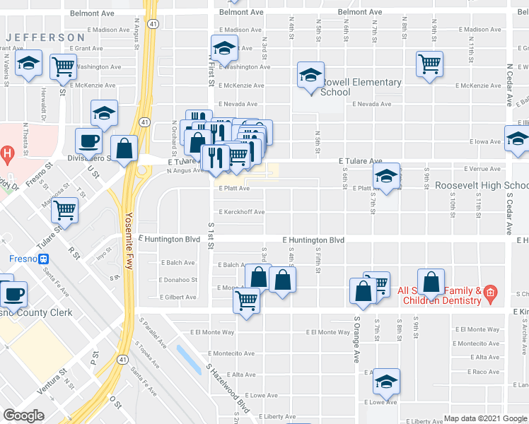 map of restaurants, bars, coffee shops, grocery stores, and more near S 3rd St & E Kerckhoff Ave in Fresno