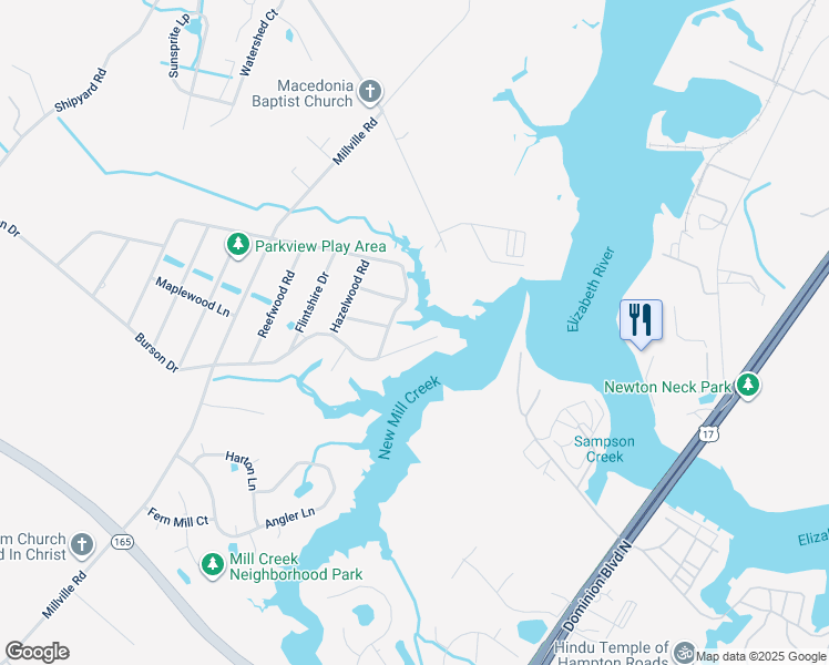 map of restaurants, bars, coffee shops, grocery stores, and more near 1644 Burson Drive in Chesapeake