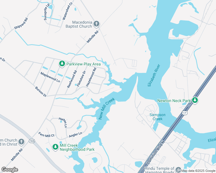 map of restaurants, bars, coffee shops, grocery stores, and more near 1644 Burson Drive in Chesapeake
