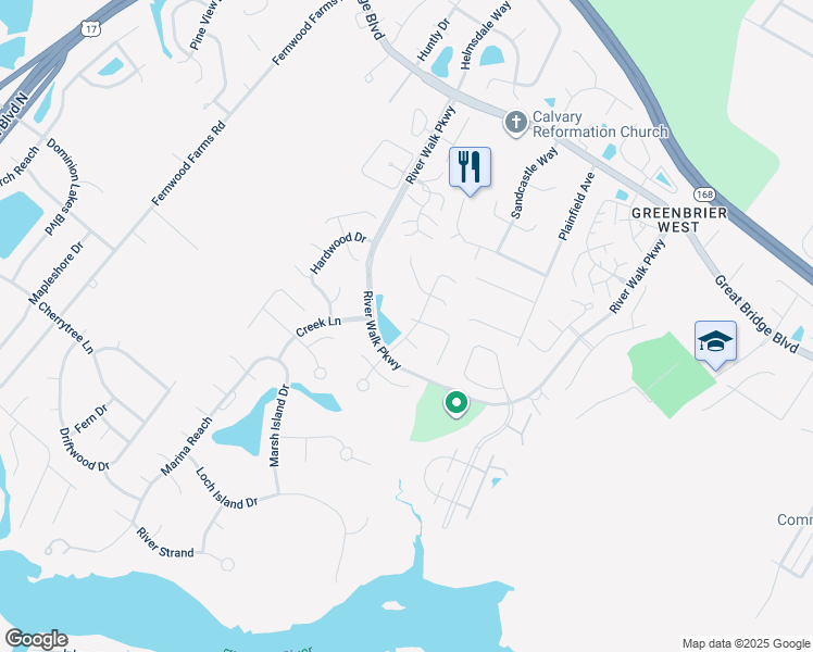 map of restaurants, bars, coffee shops, grocery stores, and more near 450 Supplejack Court in Chesapeake
