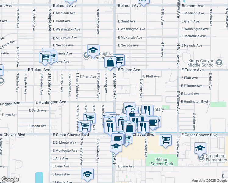 map of restaurants, bars, coffee shops, grocery stores, and more near 304 South Chestnut Avenue in Fresno