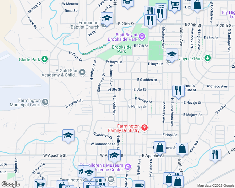 map of restaurants, bars, coffee shops, grocery stores, and more near 301 West Ute Street in Farmington