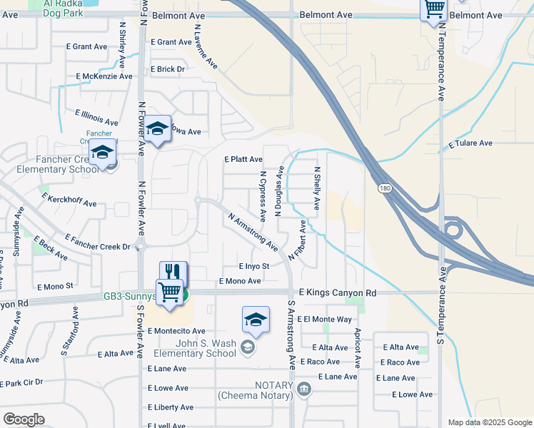map of restaurants, bars, coffee shops, grocery stores, and more near 254 North Cypress Avenue in Fresno