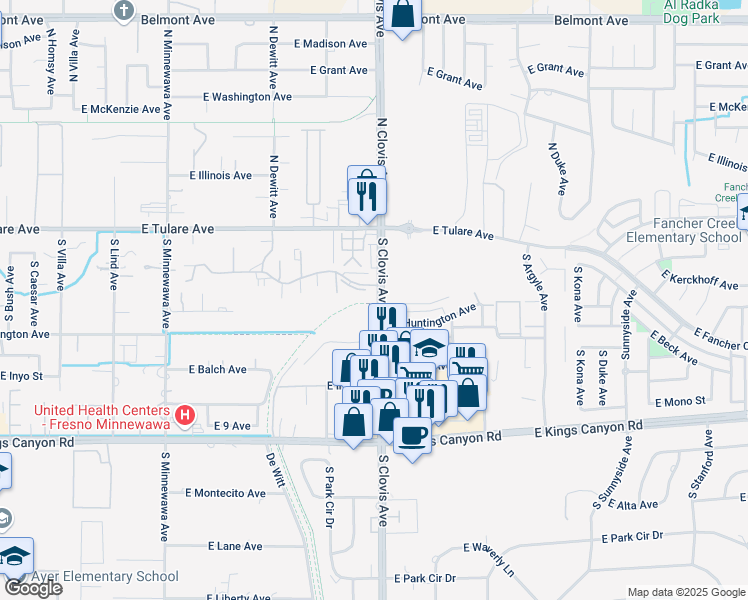 map of restaurants, bars, coffee shops, grocery stores, and more near in Fresno