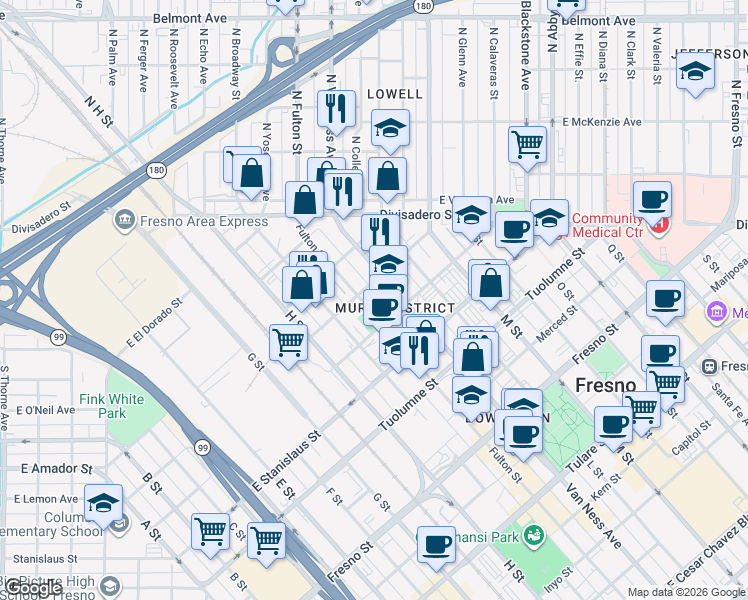 map of restaurants, bars, coffee shops, grocery stores, and more near 2015 San Joaquin Street in Fresno