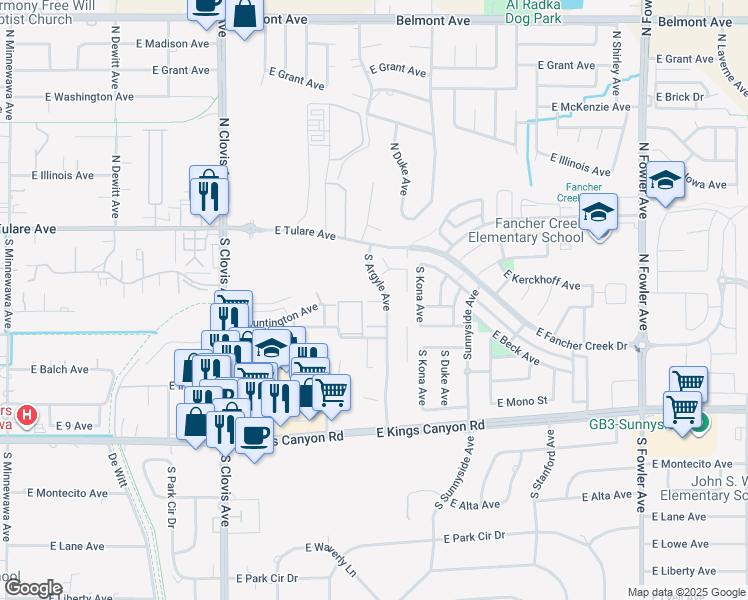 map of restaurants, bars, coffee shops, grocery stores, and more near 270 South Argyle Avenue in Fresno