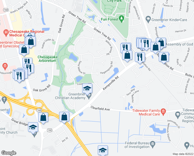 map of restaurants, bars, coffee shops, grocery stores, and more near 500 Grayson Way in Chesapeake