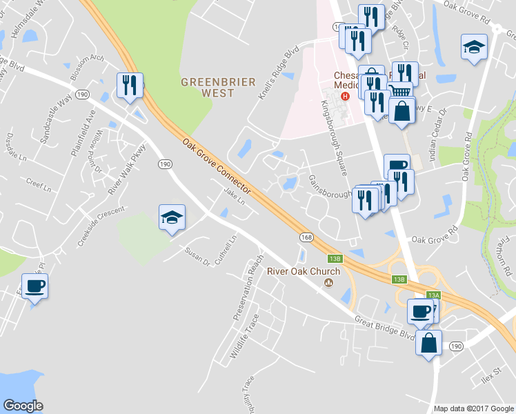 map of restaurants, bars, coffee shops, grocery stores, and more near 308 Jake Lane in Chesapeake