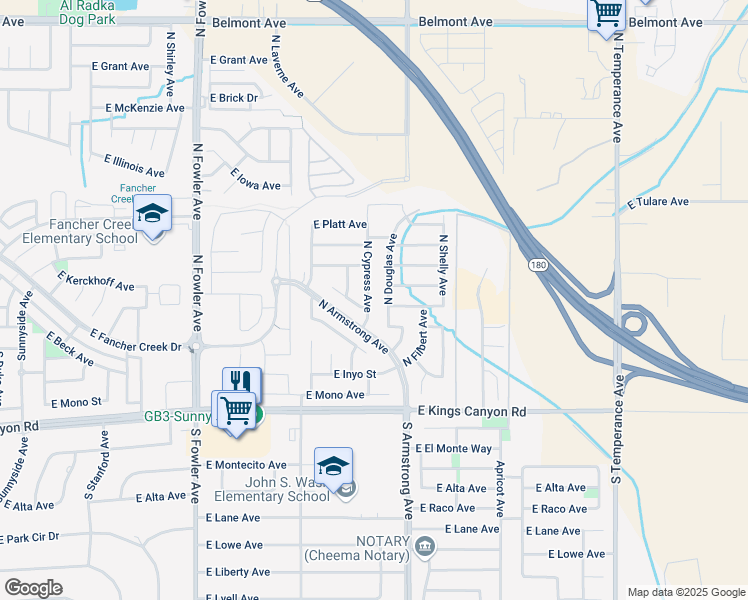 map of restaurants, bars, coffee shops, grocery stores, and more near 254 North Cypress Avenue in Fresno