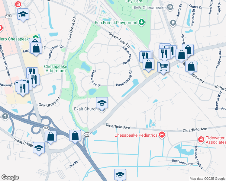 map of restaurants, bars, coffee shops, grocery stores, and more near 500 Grayson Way in Chesapeake