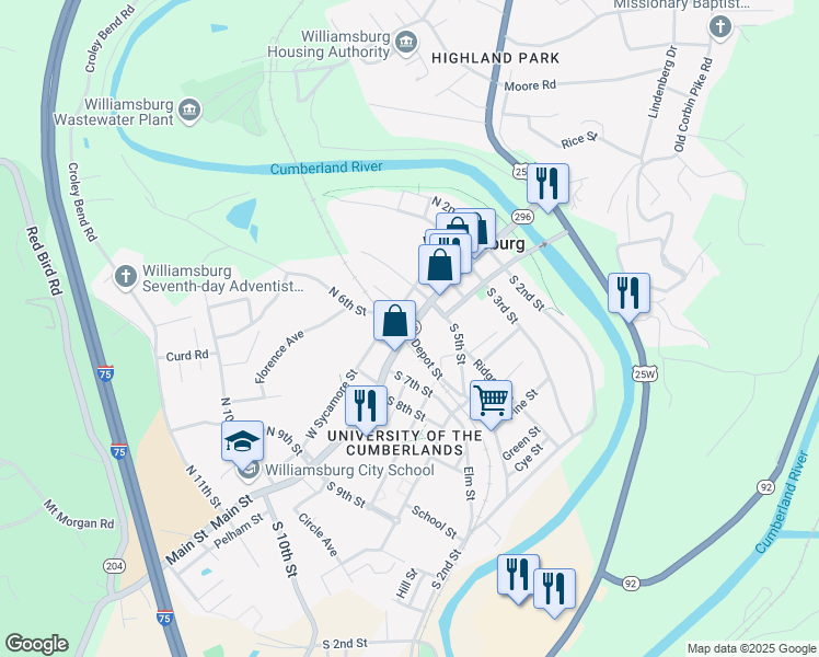map of restaurants, bars, coffee shops, grocery stores, and more near 510 Main Street in Williamsburg