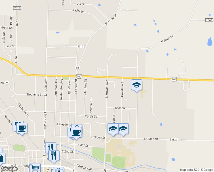 map of restaurants, bars, coffee shops, grocery stores, and more near 1322 North Howell Avenue in West Plains