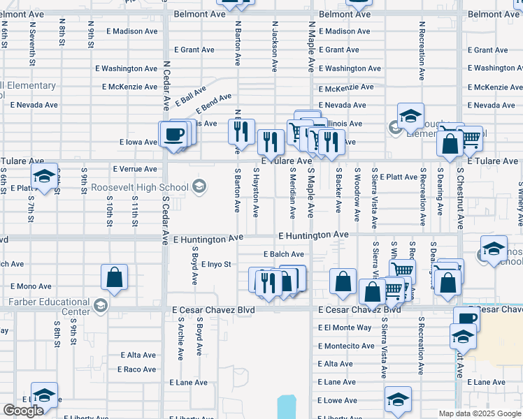 map of restaurants, bars, coffee shops, grocery stores, and more near 212 South Jackson Avenue in Fresno