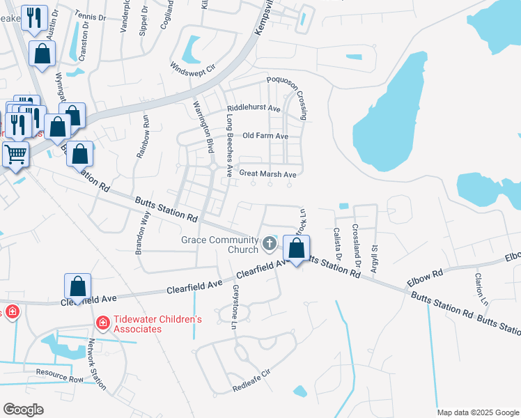 map of restaurants, bars, coffee shops, grocery stores, and more near 620 Flint Chip Drive in Chesapeake