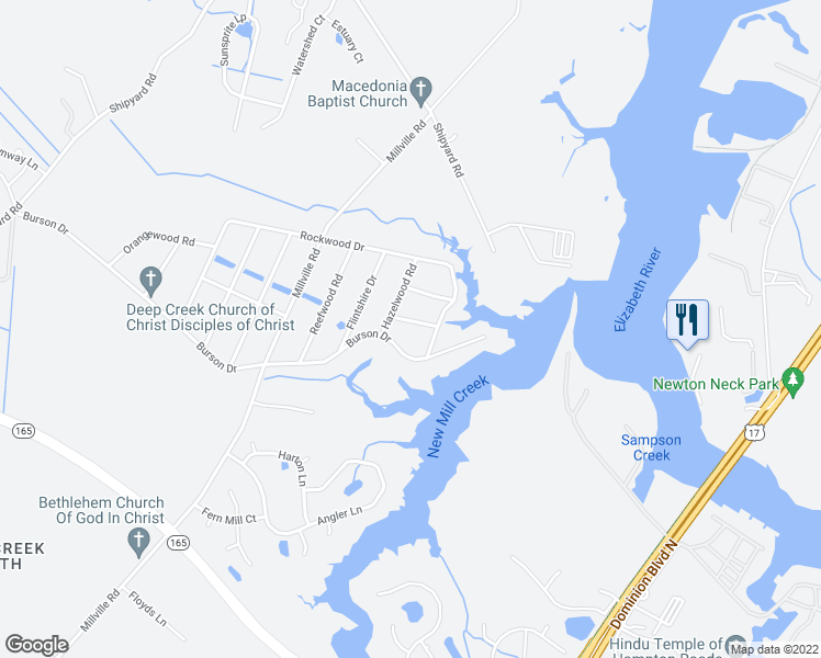map of restaurants, bars, coffee shops, grocery stores, and more near 1709 Garwood Lane in Chesapeake