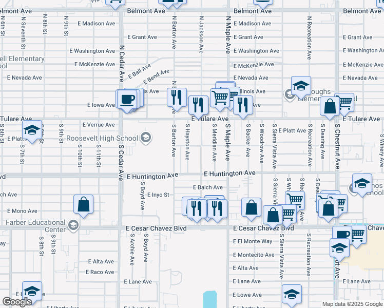 map of restaurants, bars, coffee shops, grocery stores, and more near 212 South Jackson Avenue in Fresno