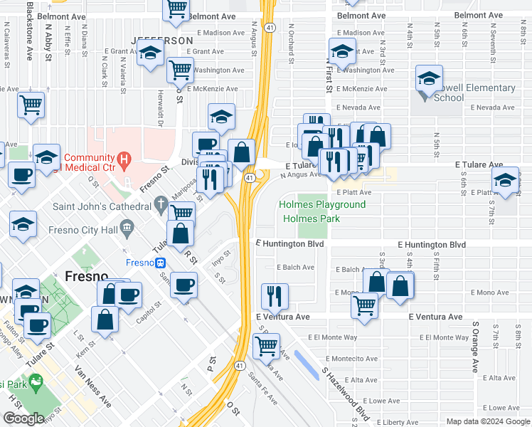 map of restaurants, bars, coffee shops, grocery stores, and more near 308 North Angus Avenue in Fresno