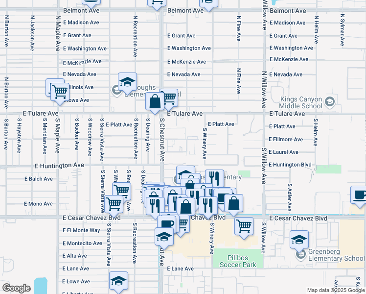 map of restaurants, bars, coffee shops, grocery stores, and more near 202 South Garden Avenue in Fresno