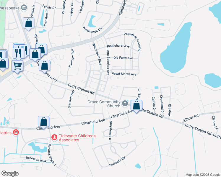 map of restaurants, bars, coffee shops, grocery stores, and more near 721 Flatrock Lane in Chesapeake
