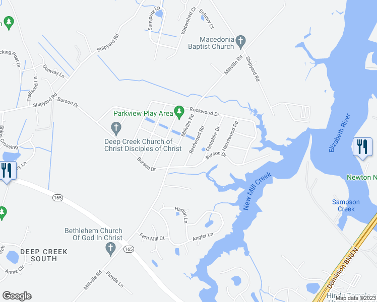 map of restaurants, bars, coffee shops, grocery stores, and more near 1956 Reefwood Road in Chesapeake