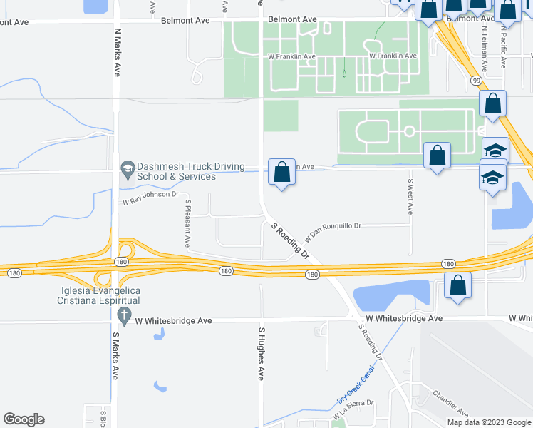map of restaurants, bars, coffee shops, grocery stores, and more near 322 South Hughes Avenue in Fresno