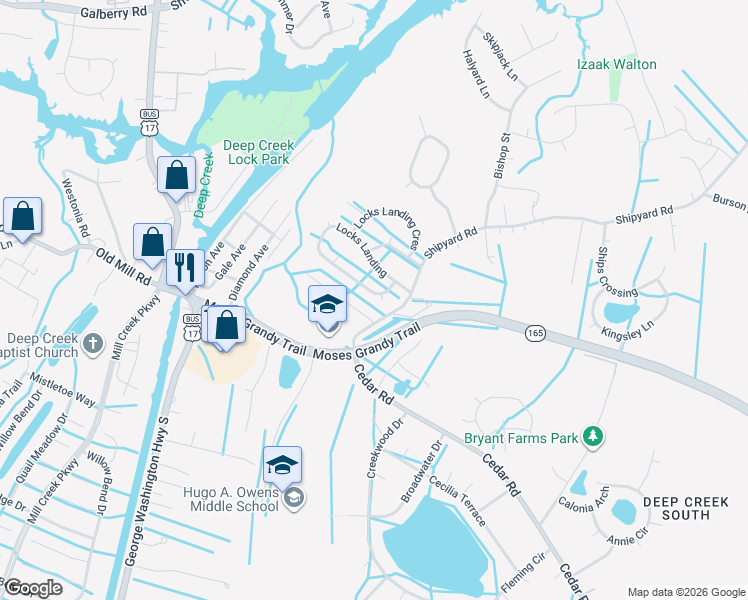 map of restaurants, bars, coffee shops, grocery stores, and more near 2409 Locks Landing in Chesapeake