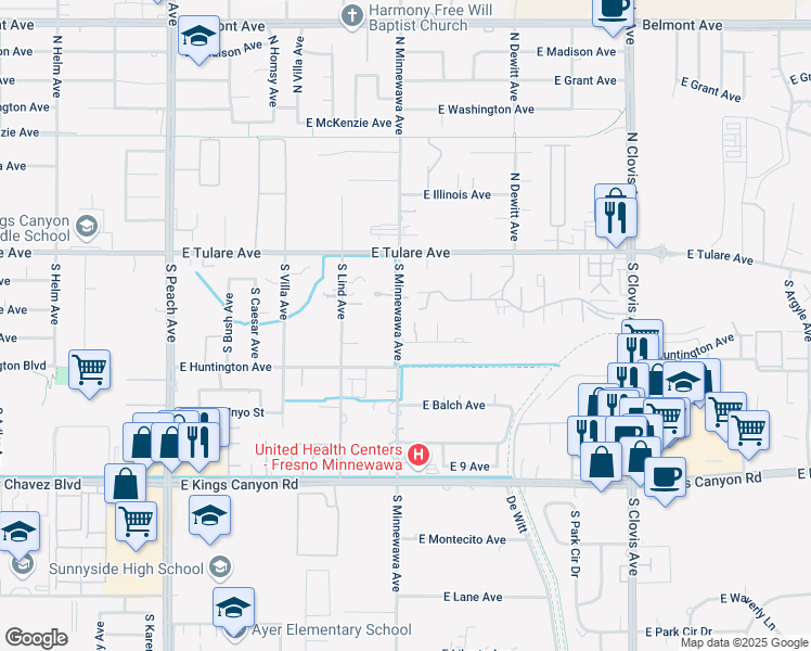 map of restaurants, bars, coffee shops, grocery stores, and more near 303 South Minnewawa Avenue in Fresno