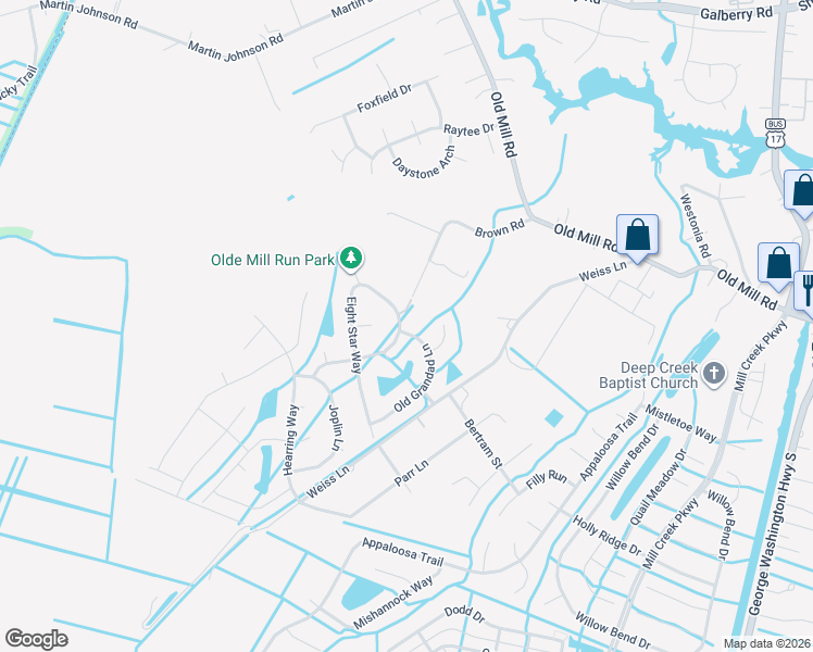 map of restaurants, bars, coffee shops, grocery stores, and more near 3405 8 Star Way in Chesapeake