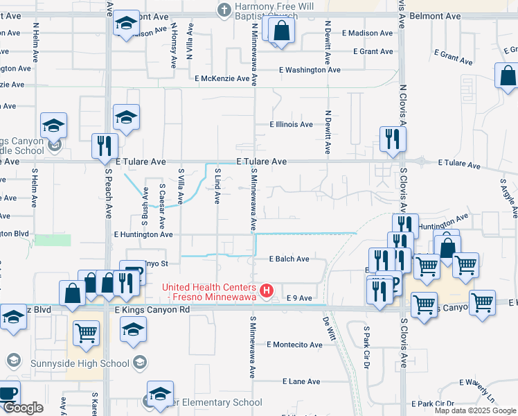 map of restaurants, bars, coffee shops, grocery stores, and more near 303 South Minnewawa Avenue in Fresno