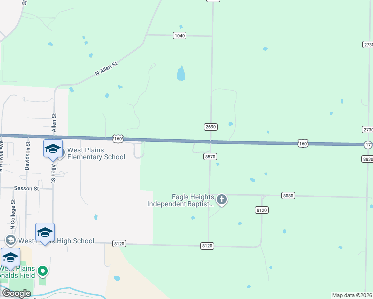 map of restaurants, bars, coffee shops, grocery stores, and more near 1040 U.S. 160 in West Plains
