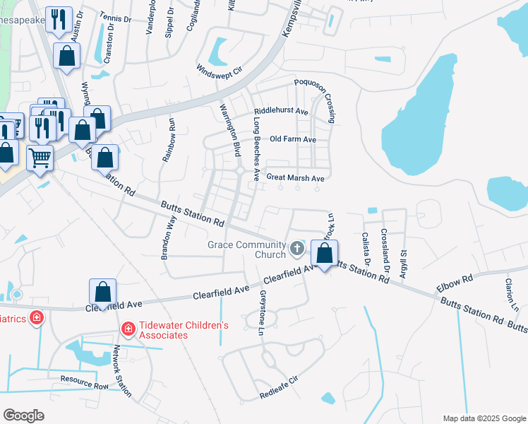map of restaurants, bars, coffee shops, grocery stores, and more near 721 Flatrock Lane in Chesapeake