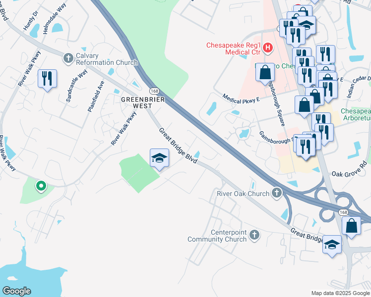 map of restaurants, bars, coffee shops, grocery stores, and more near 401 Jenna Court in Chesapeake