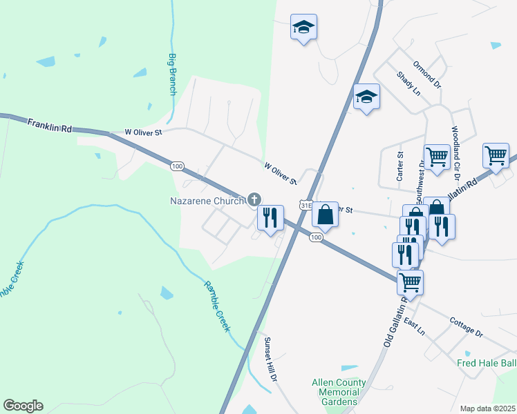 map of restaurants, bars, coffee shops, grocery stores, and more near 600 Franklin Road in Scottsville