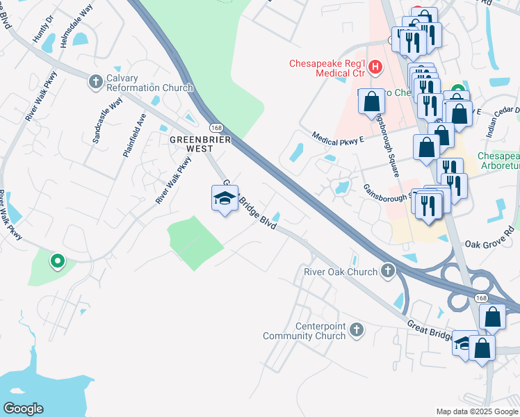 map of restaurants, bars, coffee shops, grocery stores, and more near 401 Jenna Court in Chesapeake