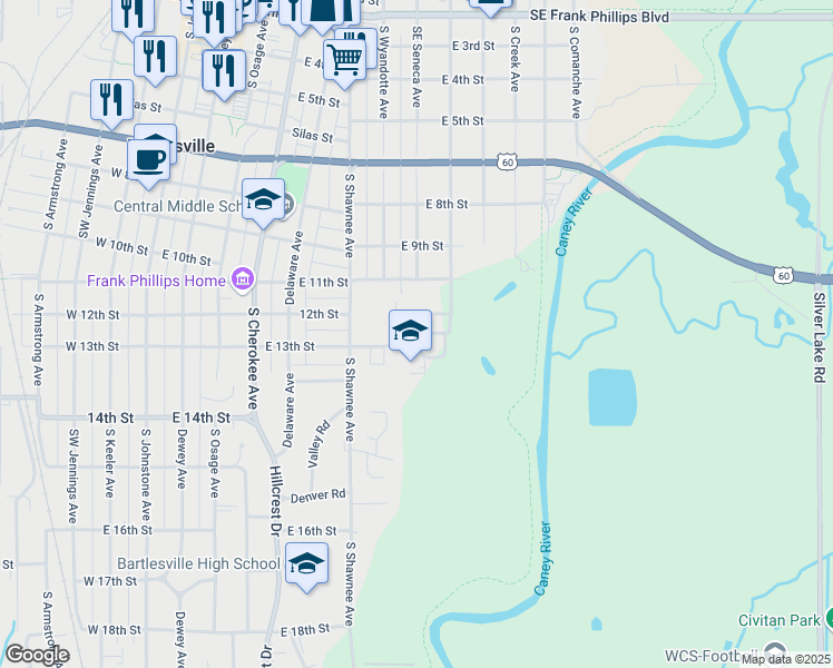 map of restaurants, bars, coffee shops, grocery stores, and more near 801 East 13th Street in Bartlesville