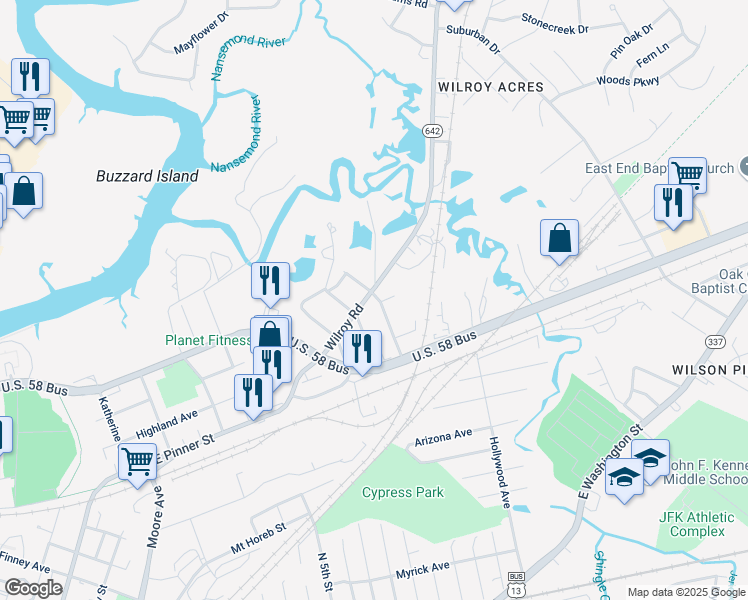 map of restaurants, bars, coffee shops, grocery stores, and more near 1108 Proctor Street in Suffolk