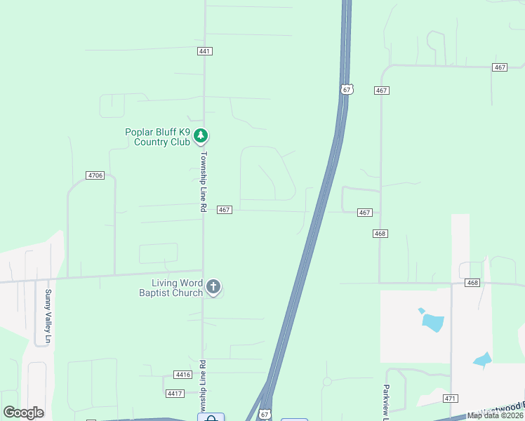 map of restaurants, bars, coffee shops, grocery stores, and more near 111 County Road 467 in Poplar Bluff