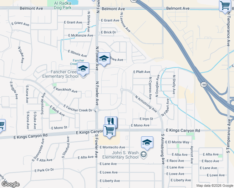 map of restaurants, bars, coffee shops, grocery stores, and more near 6152 East Laurel Avenue in Fresno