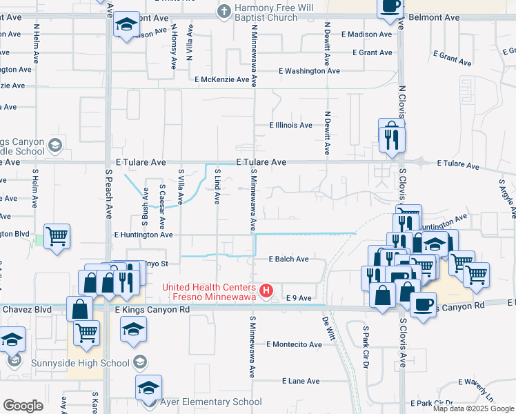 map of restaurants, bars, coffee shops, grocery stores, and more near 303 South Minnewawa Avenue in Fresno