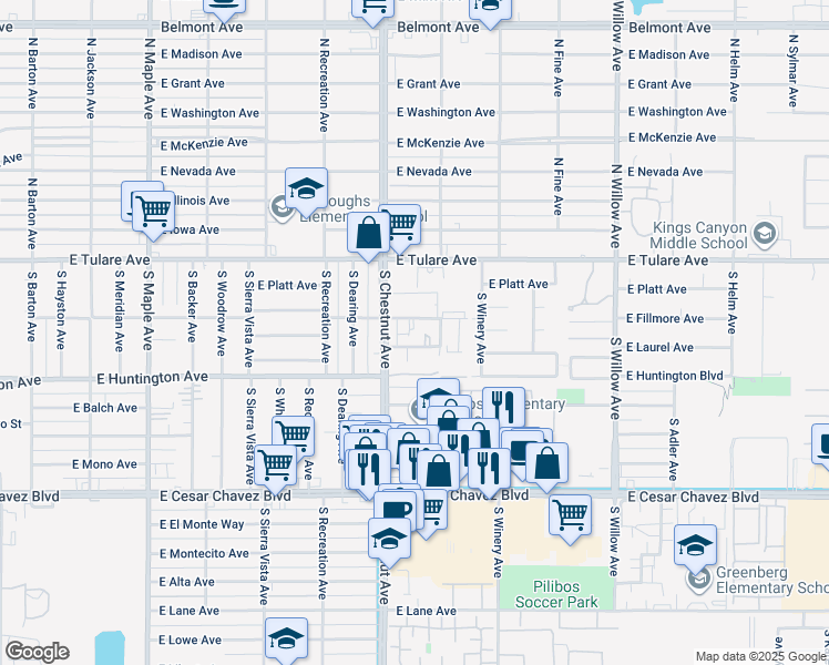 map of restaurants, bars, coffee shops, grocery stores, and more near 202 South Garden Avenue in Fresno