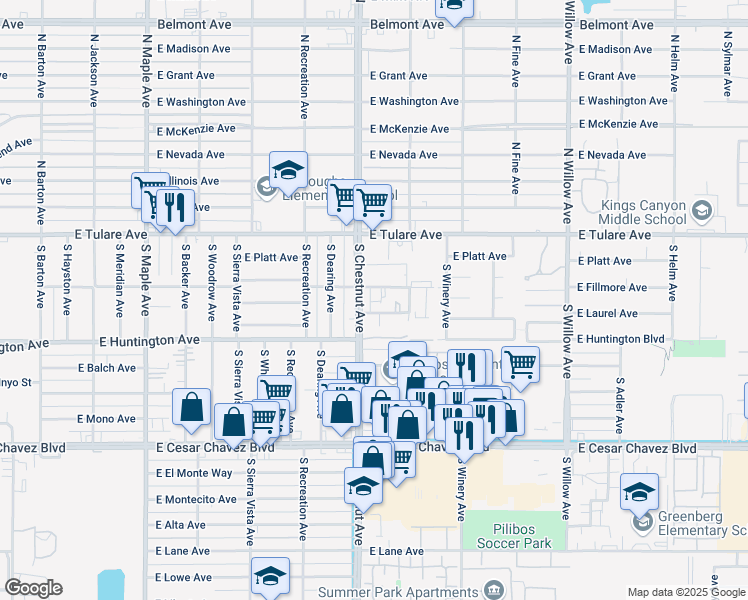 map of restaurants, bars, coffee shops, grocery stores, and more near 305 South Chestnut Avenue in Fresno