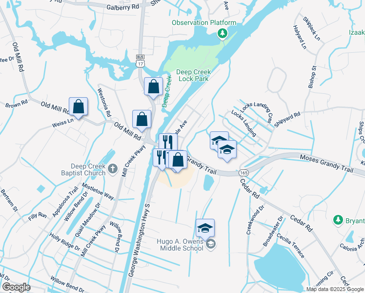 map of restaurants, bars, coffee shops, grocery stores, and more near 100 Diamond Avenue in Chesapeake