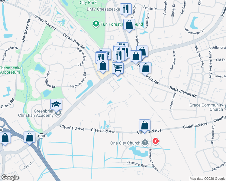 map of restaurants, bars, coffee shops, grocery stores, and more near 429 Green Meadow Drive in Chesapeake