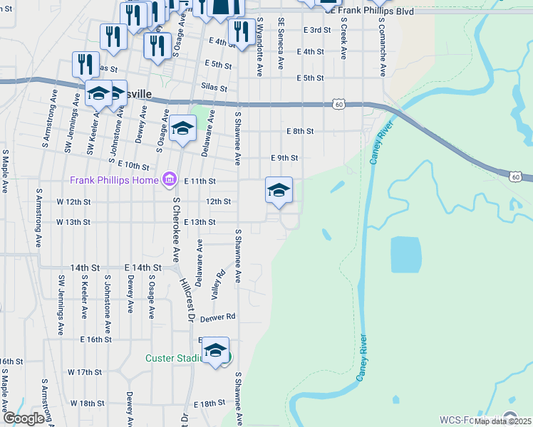map of restaurants, bars, coffee shops, grocery stores, and more near 801 East 13th Street in Bartlesville