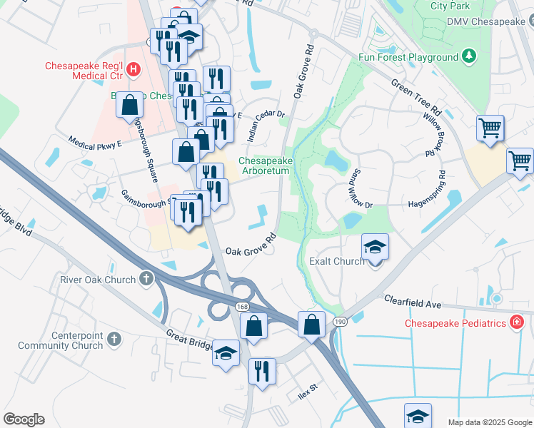 map of restaurants, bars, coffee shops, grocery stores, and more near 584 Old Oak Grove Road in Chesapeake