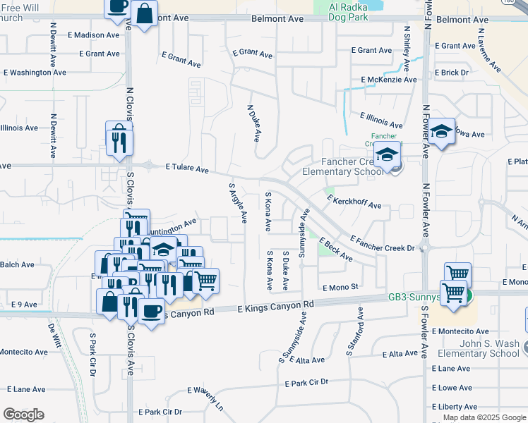 map of restaurants, bars, coffee shops, grocery stores, and more near 225 South Argyle Avenue in Fresno