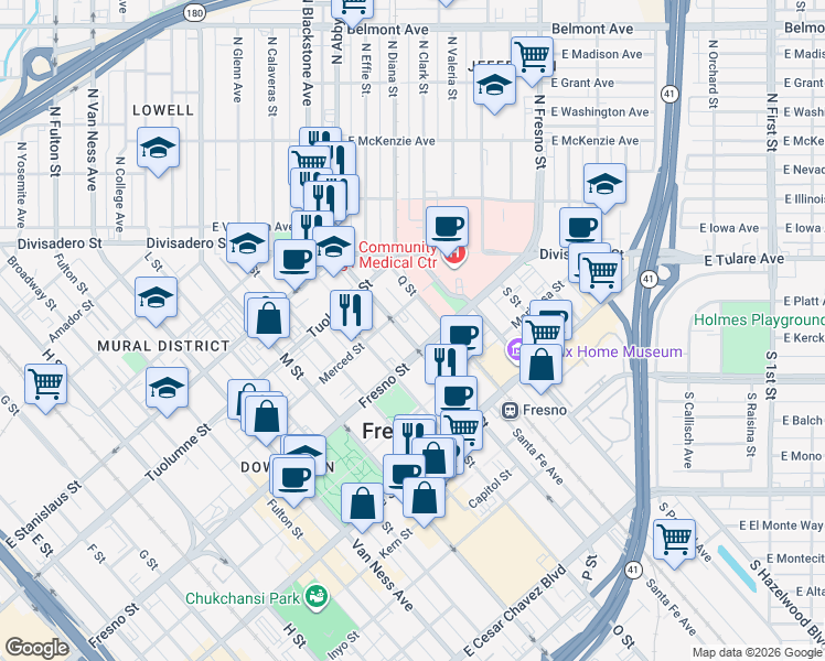 map of restaurants, bars, coffee shops, grocery stores, and more near in Fresno