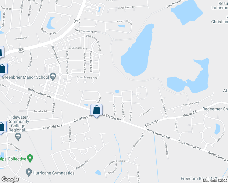 map of restaurants, bars, coffee shops, grocery stores, and more near 629 Calista Drive in Chesapeake