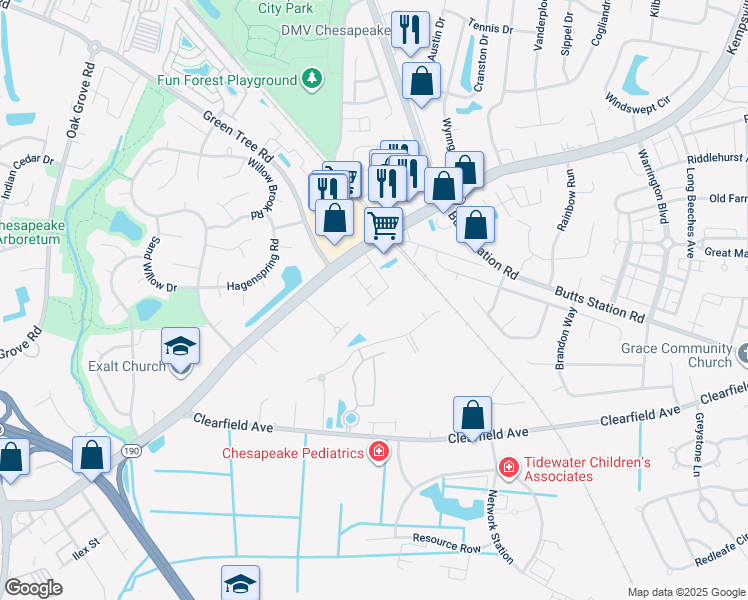 map of restaurants, bars, coffee shops, grocery stores, and more near 199 Green Meadow Drive in Chesapeake
