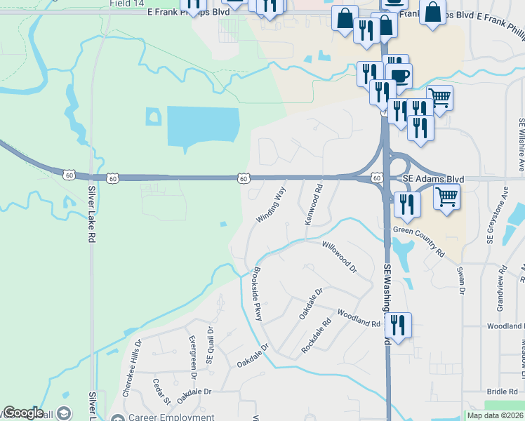 map of restaurants, bars, coffee shops, grocery stores, and more near 801 Winding Way in Bartlesville